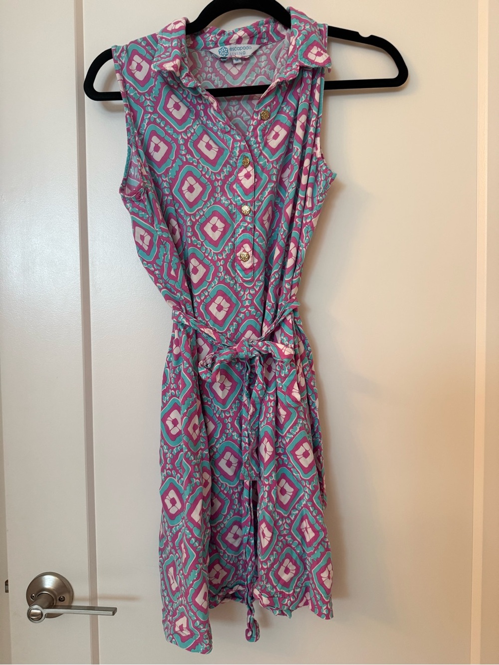 escapada Sleeveless Midi Dress in Pink & Teal Geometric